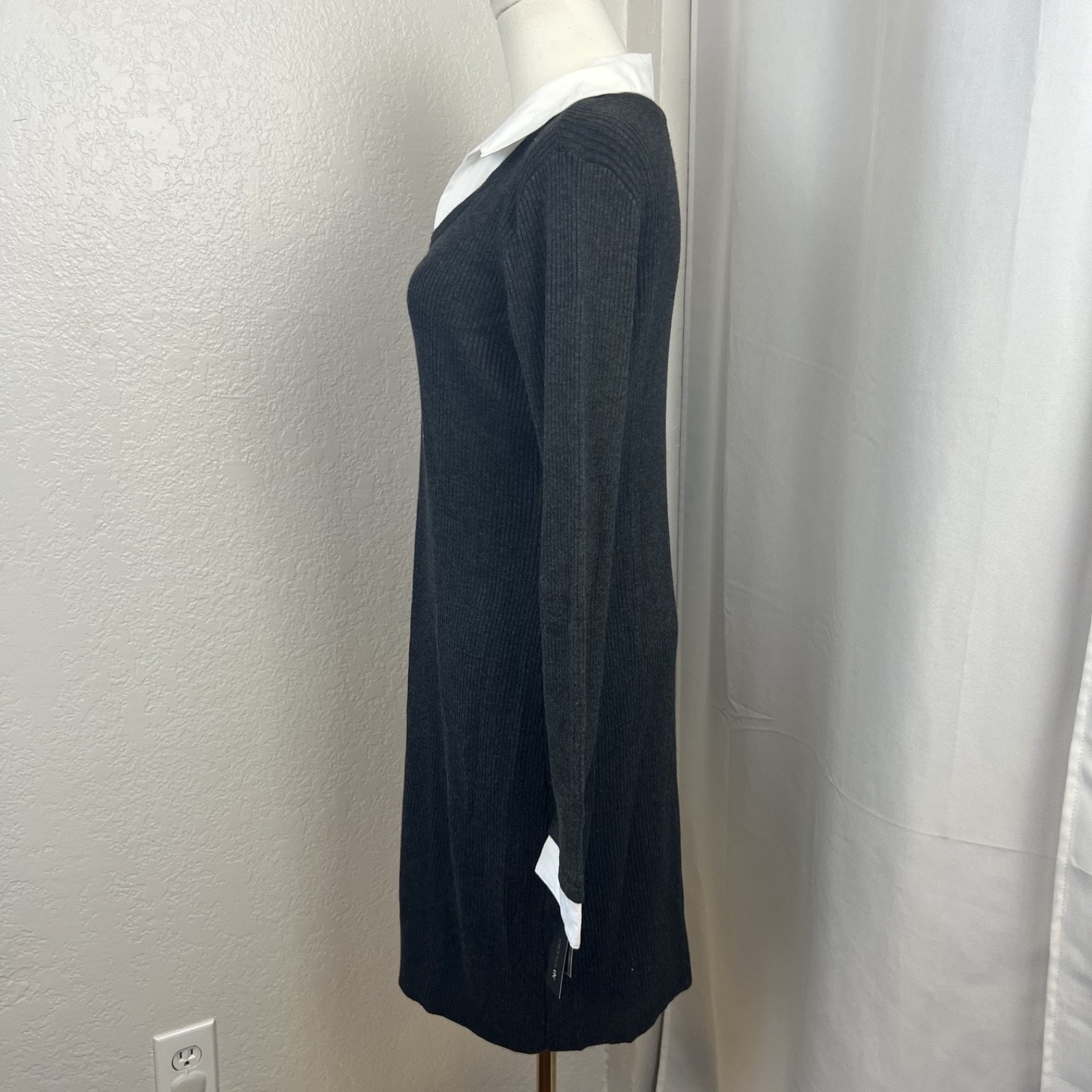 Layered V-Neck Sweater Dress Womens Xl Grey Fitted Ribbed Preppy Old Money Chic — image 3 of 8